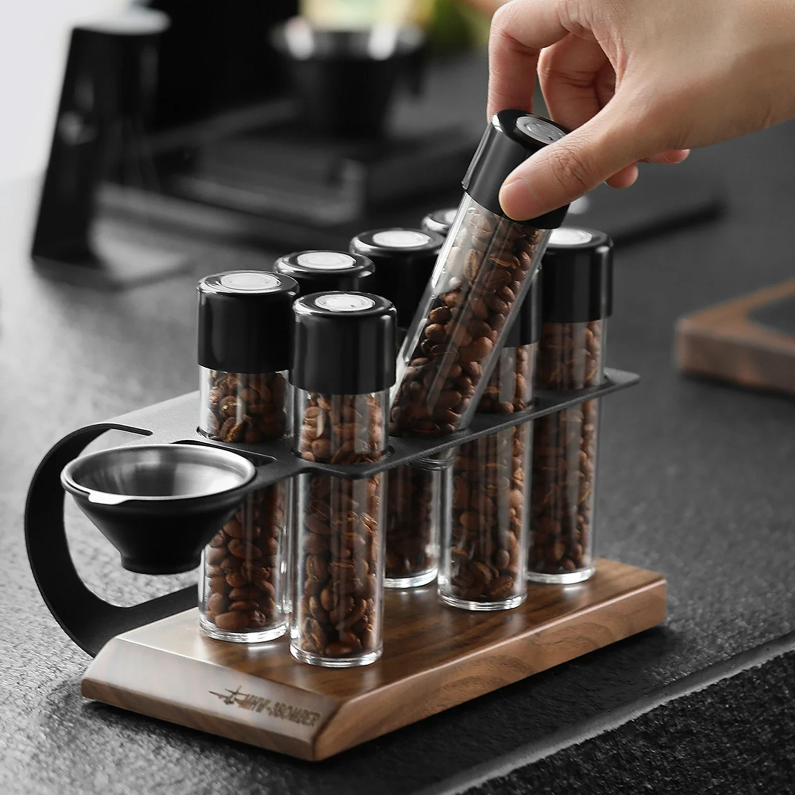 MHW-3BOMBER Coffee Bean Container Single Dose Coffee Bean Storage 8 Tubes Multipurpose Portable Storage Cellar with Wood Display