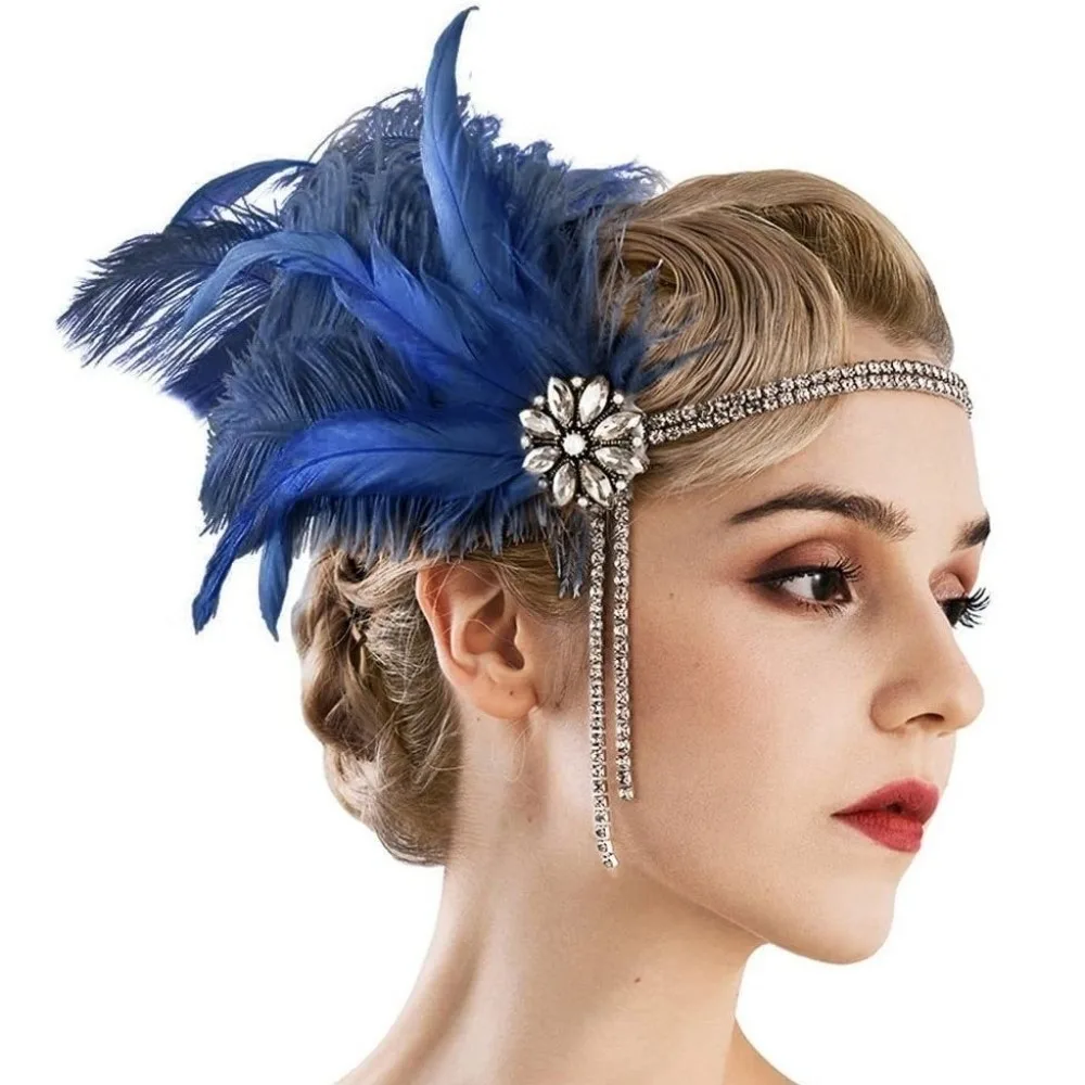 Vintage 1920s Feather Hairband Water Diamond Nude Pink Feather Headwear Hair Band Brides Makeup