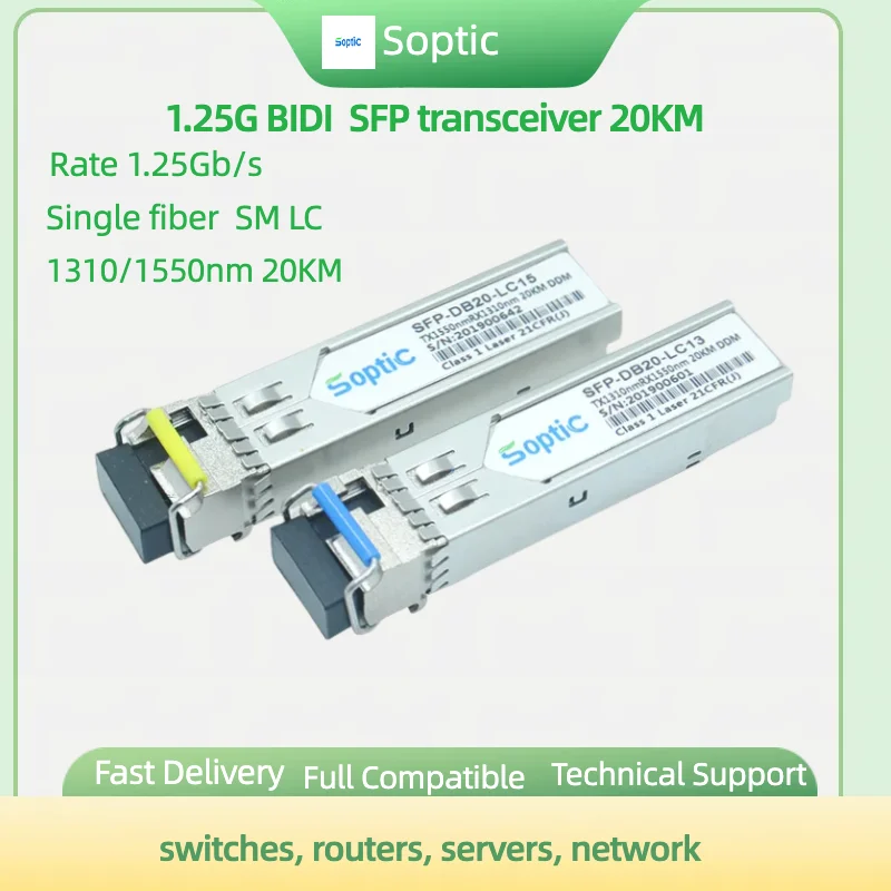 

Модуль BIDI SFP 1,25G GLC-BX-U, GLC-BX-D Гигабитный оптоволоконный трансивер Одномодовый 20 км WDM 1310 нм/1550 нм LC разъем