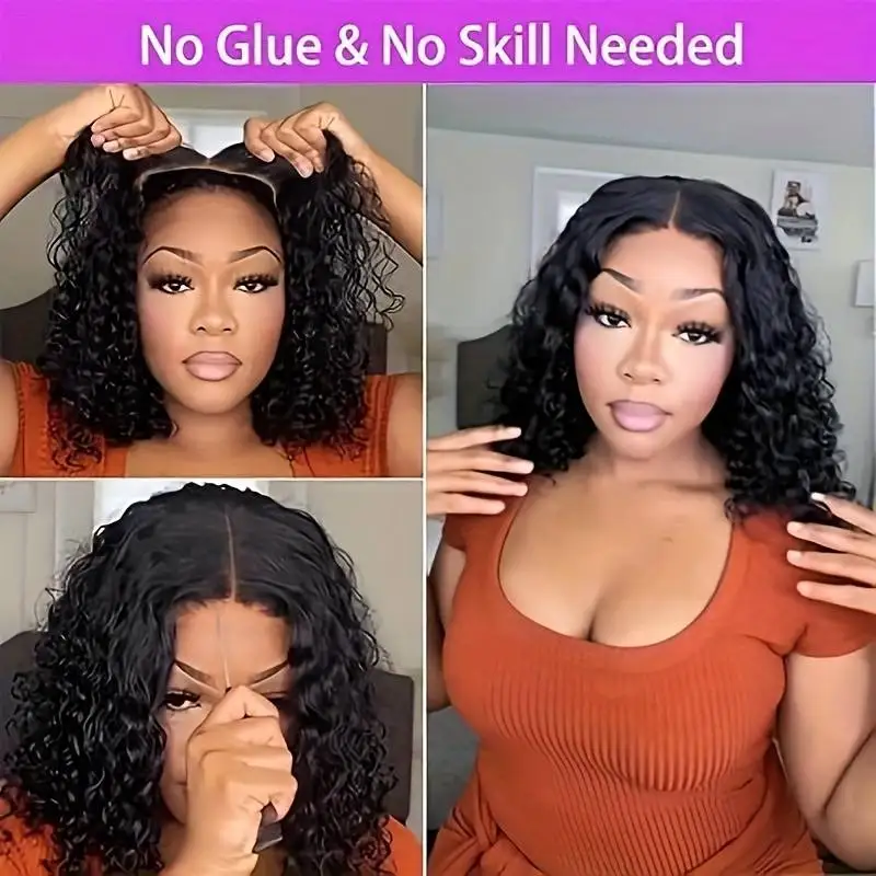 プレカット接着剤不要ナチュラルカーリーウェーブ4x4ボブウィッグカーリー10インチグルーレスウィッグ人毛ウィッグHDレースフロントウィッグ女性用