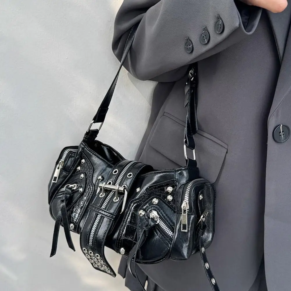 Women Y2k Punk Shoulder Bag Vintage Black PU Leather Rivet Handbag Gothic Motorcycle Crossbody Purse Spicy Girl Tote
