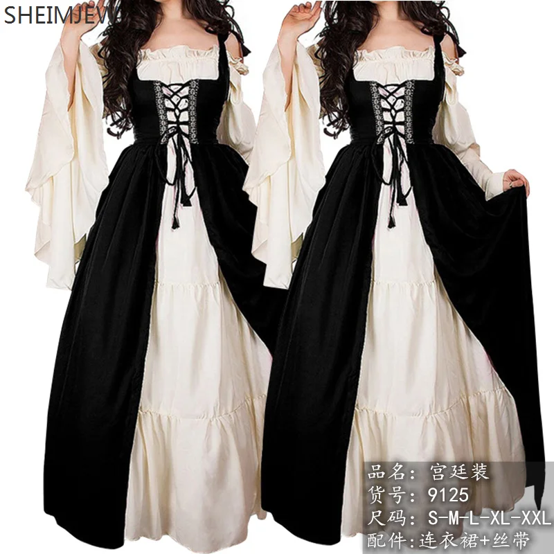 Women Halloween Medieval Renaissance Retro Dress Gothic Retro Victorian Lace Up Maxi Dress Plus Size Bundle Waist Princess Dress