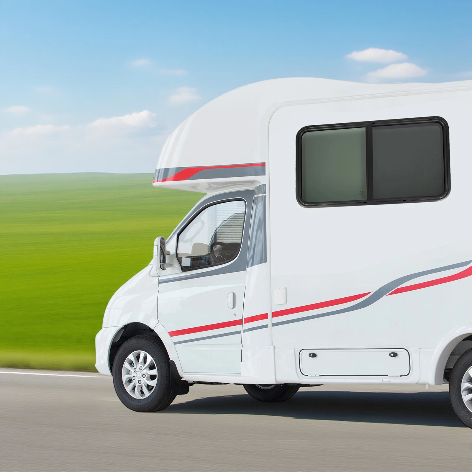 RV نافذة منزلقة الأشعة فوق البنفسجية كتلة التهوية 25% نفاذية عالية الخصوصية غير نافذ للمطر ختم قفل داخلي شاشة مضادة للبعوض دائم