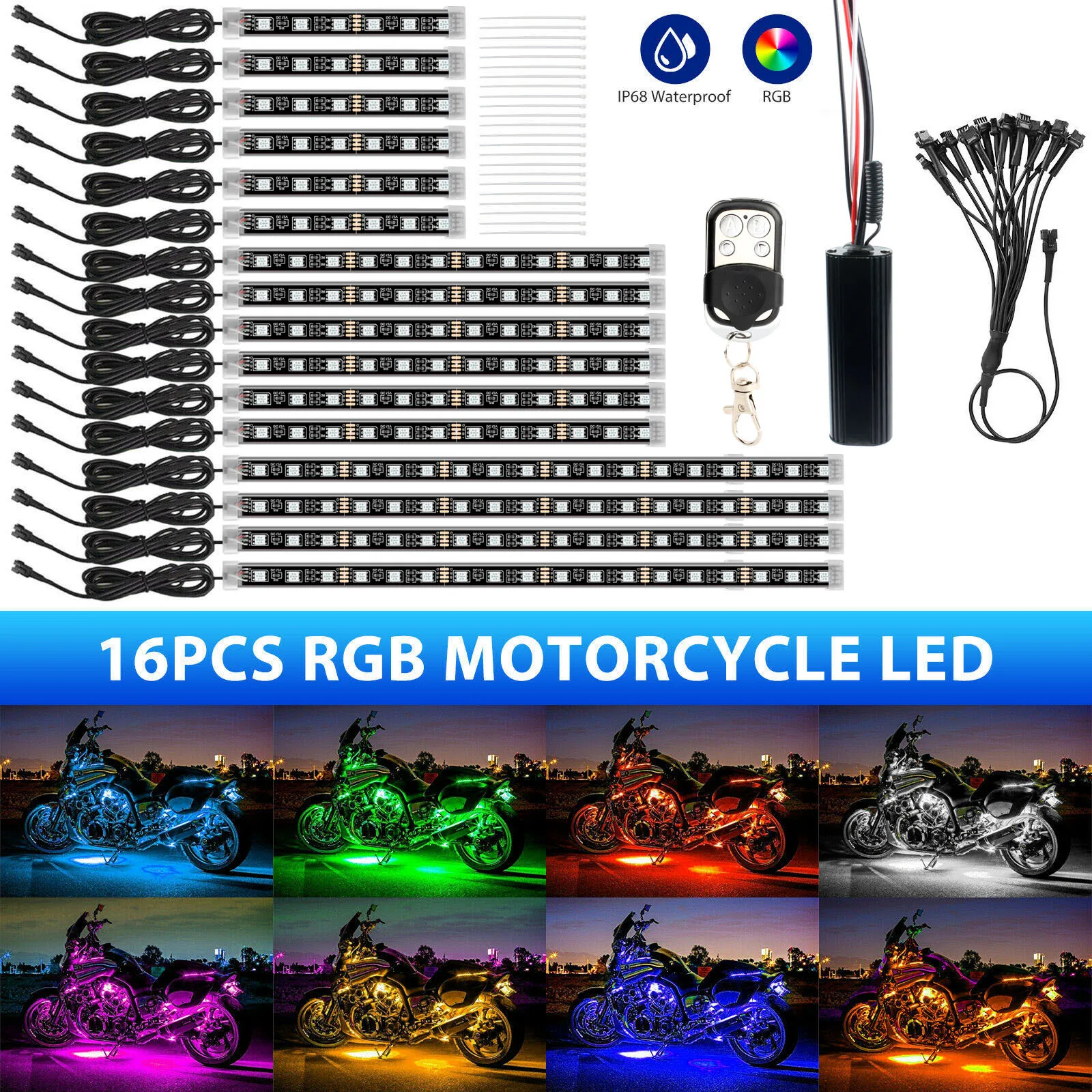 16pcs Underglow RGB LED Strip Light Kit DC 12V Blinking Brake Light Styles for Motorcycles Trikes Golf Carts ATVs UTVs – M12r