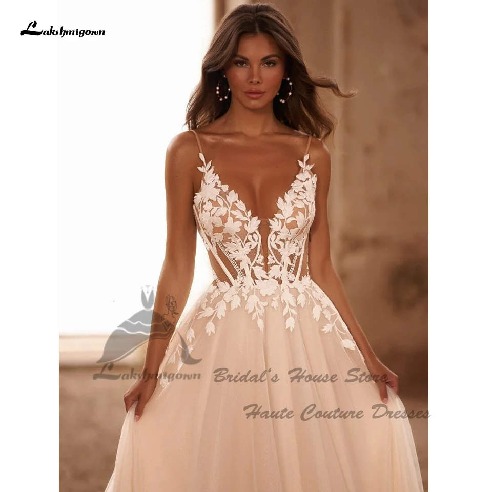 Lakshmigown Civil Boho Beach abiti da sposa scollo a V Appliques di pizzo 2025 Vedtidos corsetto donne Sexy abiti da sposa spalline sottili