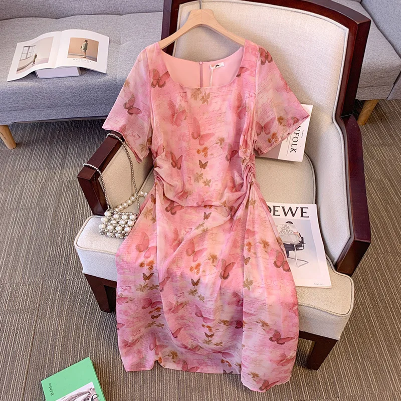 

Women's Bufferfly Print Chiffon Dress,Plus Size Short Sleeve Draped Dress,2024 Summer New Arrivals,Slimming and Stylish