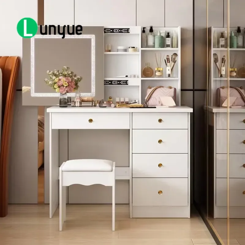 Modern LED Mirror Dressing Table with 5 Drawers MDF Wood Vanity Desk for Bedroom Furniture Storage Makeup Station