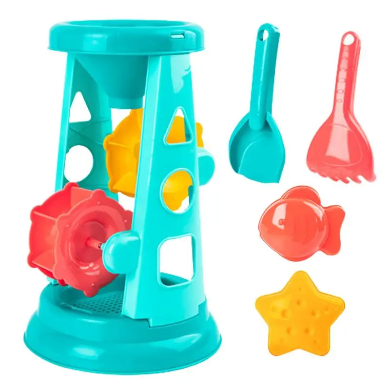 Ensemble de jouets de plage en plein air portables pour enfants, moulin à vent de plage amusant, sablier, moules et pelles, 5 pièces