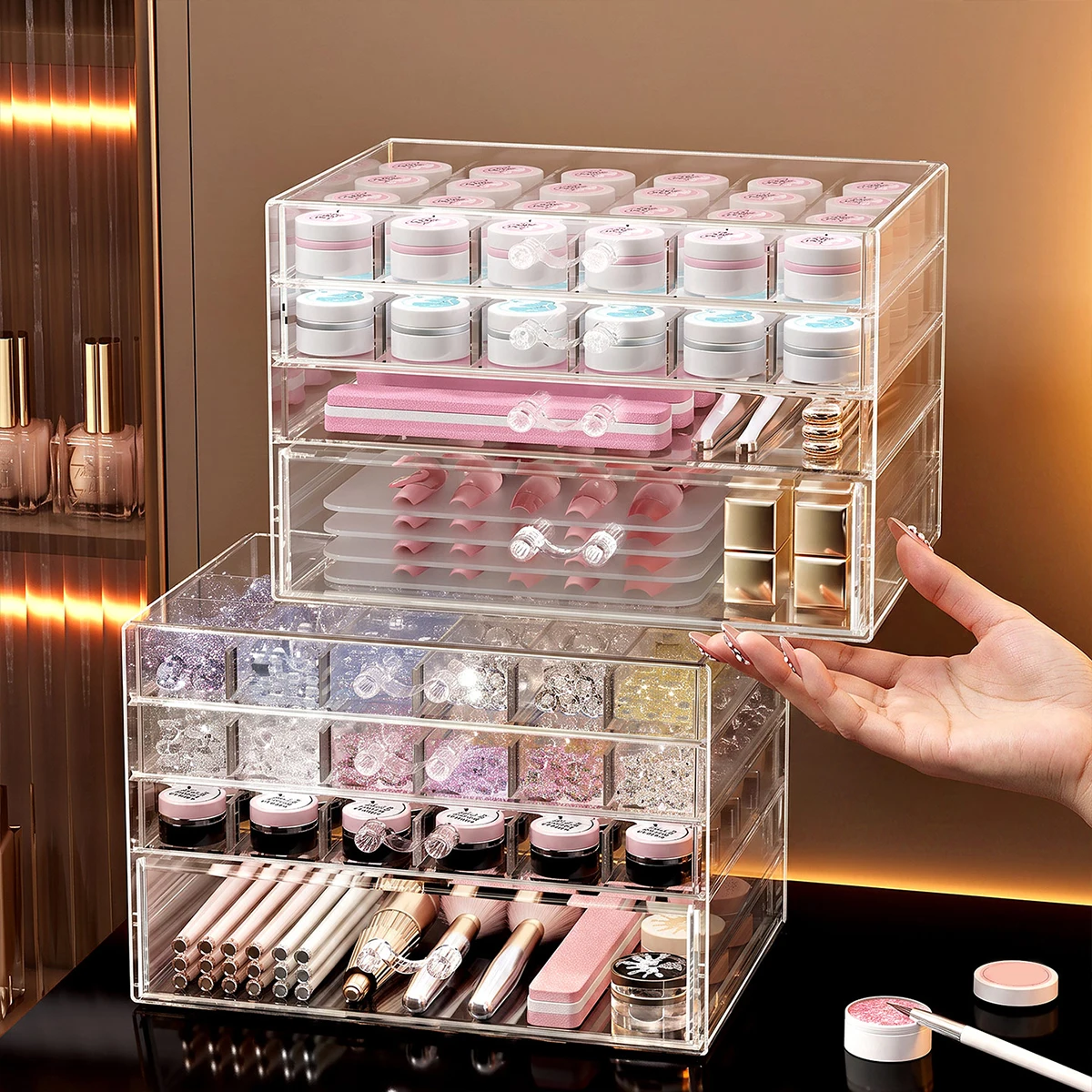 1pc Transparent 4-layer Acrylic Drawer Style 73/50 Grid Nail Rhinestone Storage Box Nail Decoration Bead Jewelry Display Box