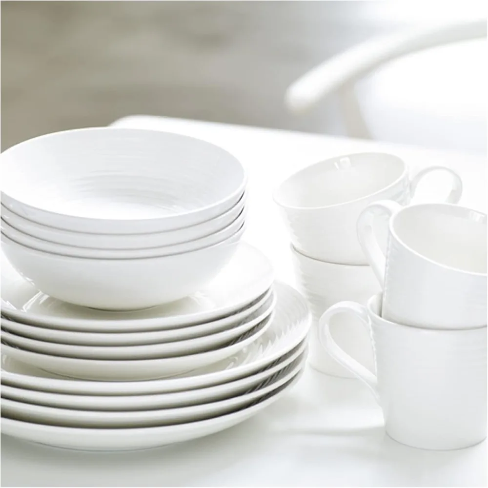 White 16-piece tableware set, 4 dinner plates, salad plates, all-purpose bowls and mugs, handcrafted with stoneware