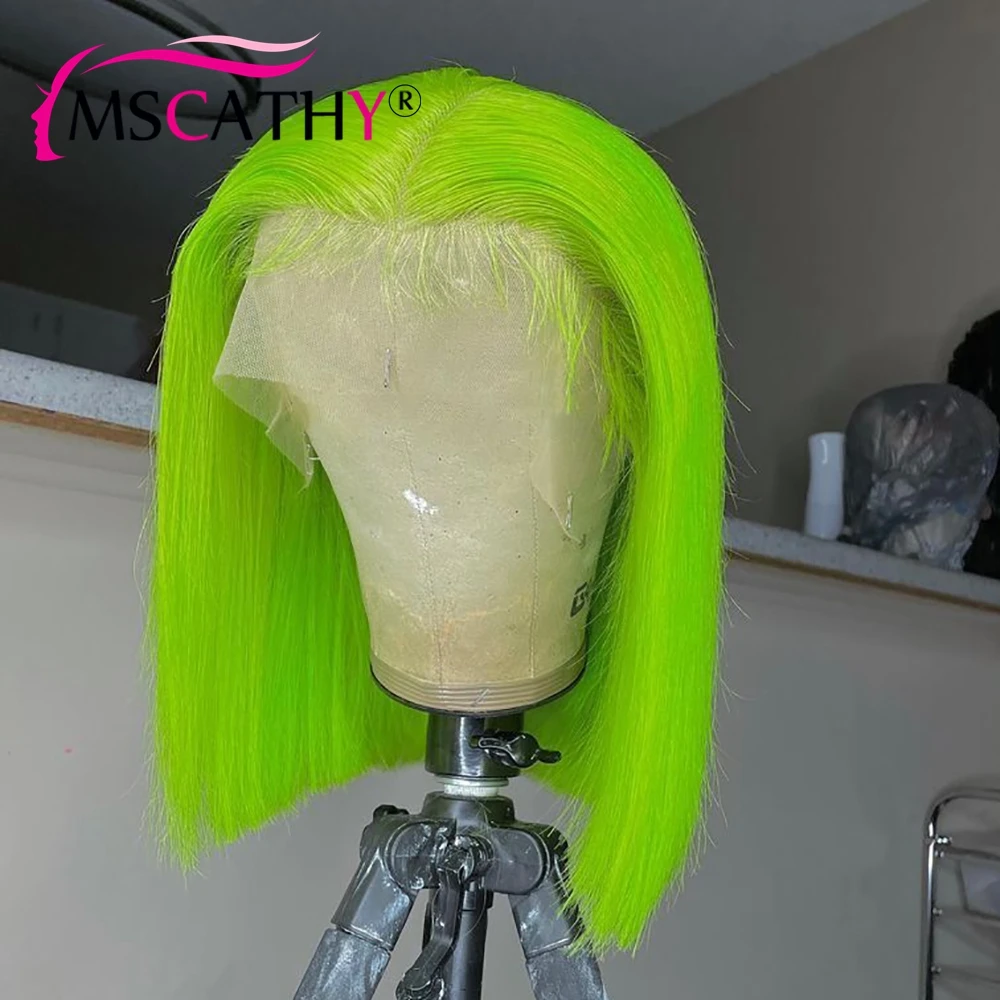 Maçã verde colorido curto bob remy brasileiro perucas de cabelo humano preplucked transparente 180% em linha reta pixie corte 13x4 perucas dianteiras do laço