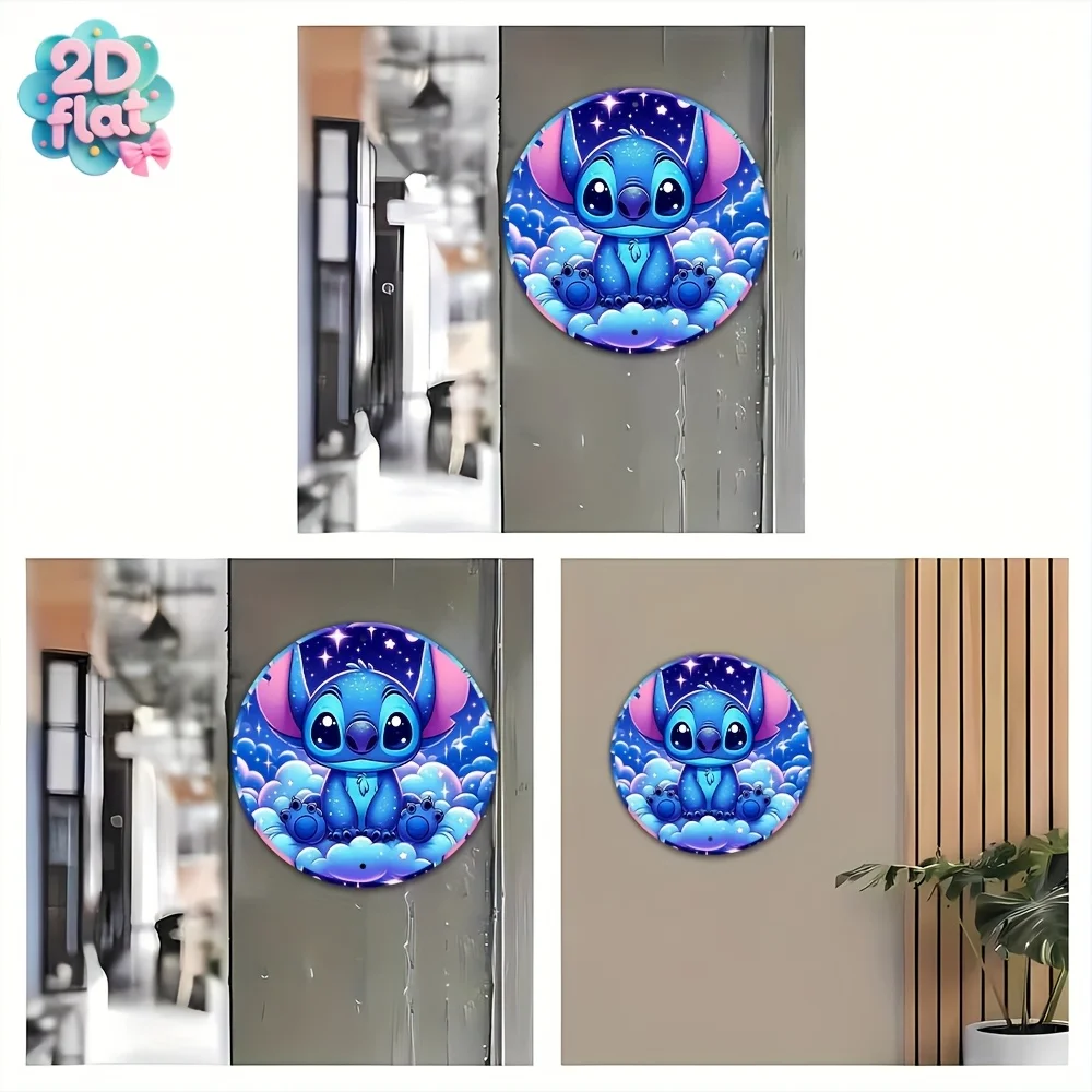 قطعة واحدة من لافتة فنية جدارية معدنية مستديرة - ديكور ألومنيوم مستوحى من الطراز الكوني والنجوم، ألوان زرقاء ووردية نابضة بالحياة