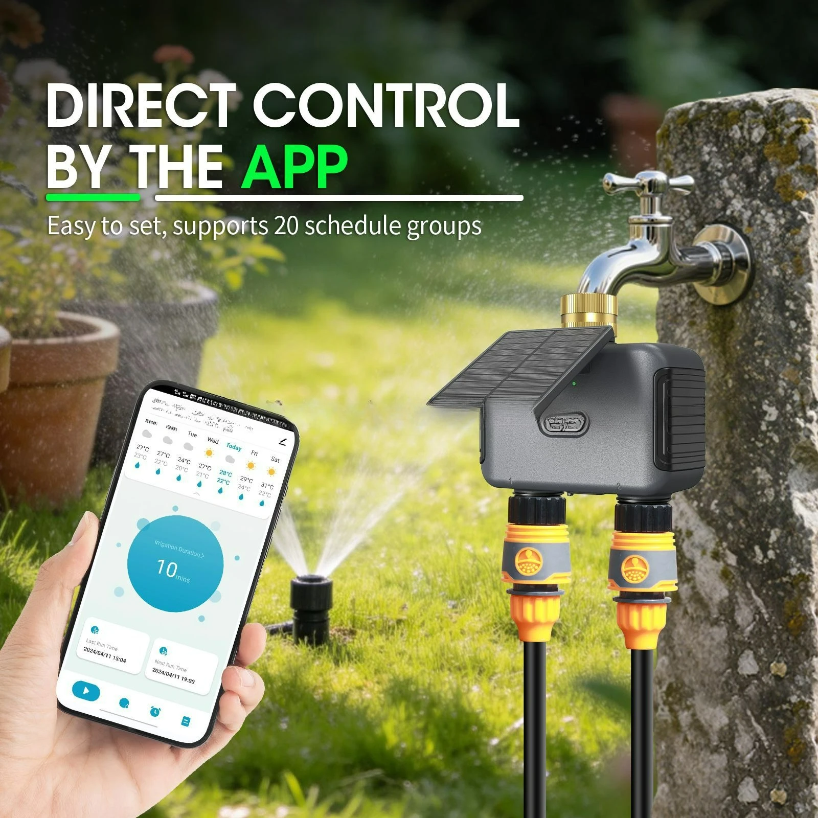 Solar WiFi Smart Water Timer 2 Outlets Programmable Garden Irrigation Controller IPX6 Brass Inlet APP Remote Sprinkler Timer