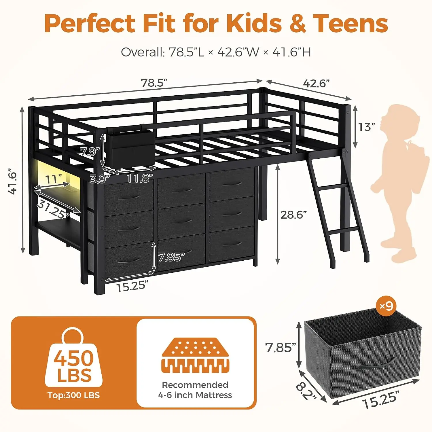Twin Loft Bed with 9 Storage Drawers & Charging Station, Black | Heavy Duty Metal Frame, Storage Shelves & Stair,, Customized