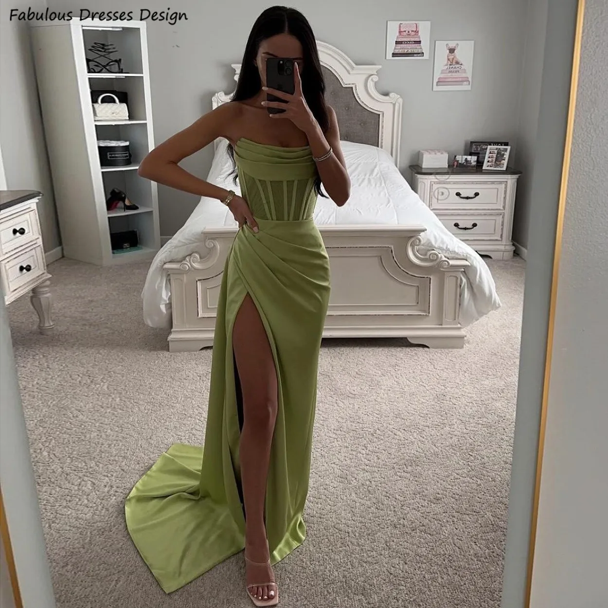 Mint Green Mermaid Bridesmaid Dresses Sexy Slit Strapless Scoop Neck Pleat Wedding Guest Dress For Women Prom Party Gown