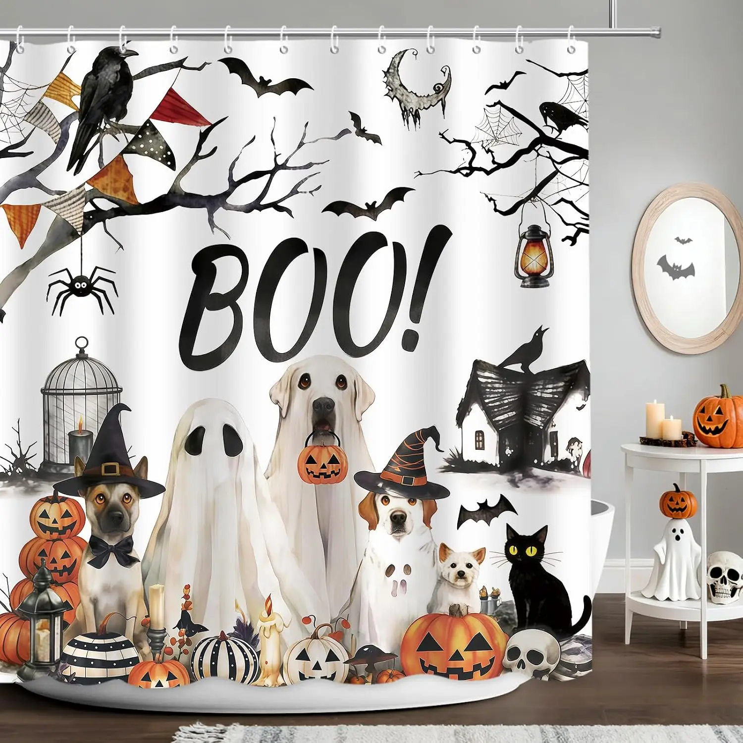 Funny Halloween Dog Shower Curtain, Cute Pets Ghost Pumpkin Bath Decor, Spooky BOO Text Art, Waterproof Polyester Fabric