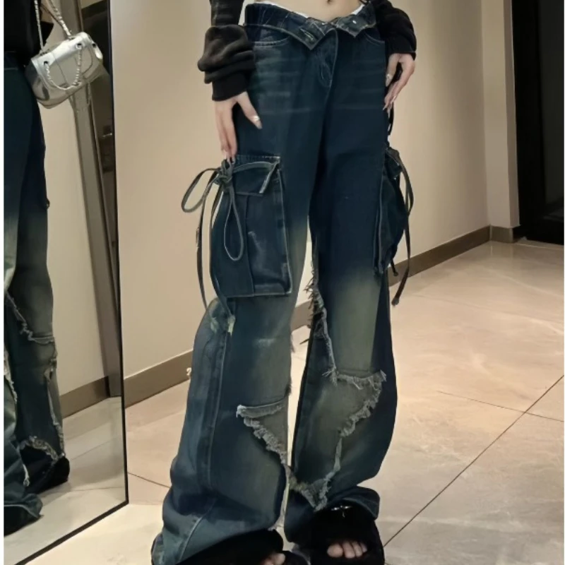 Pantalon en Denim Noir pour Femme, Vêtement de Travail, Poches Larges, Vintage, Pentagramme, Bord Brut, Streetwear, Baggy, Surintendant, Jean Décontracté