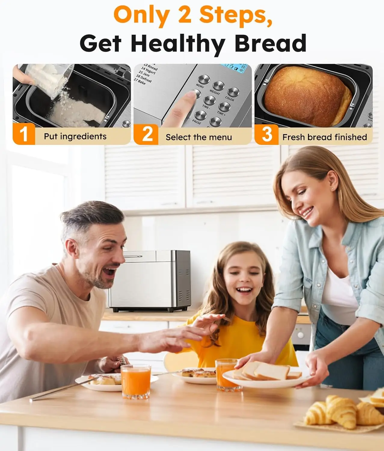 ماكينة صنع الخبز بسعة 2 رطل، ماكينة صنع الخبز الأوتوماتيكية من الفولاذ المقاوم للصدأ 17 في 1، غير لاصقة، أجهزة تحكم صديقة للمبتدئين، 15 ساعة #2