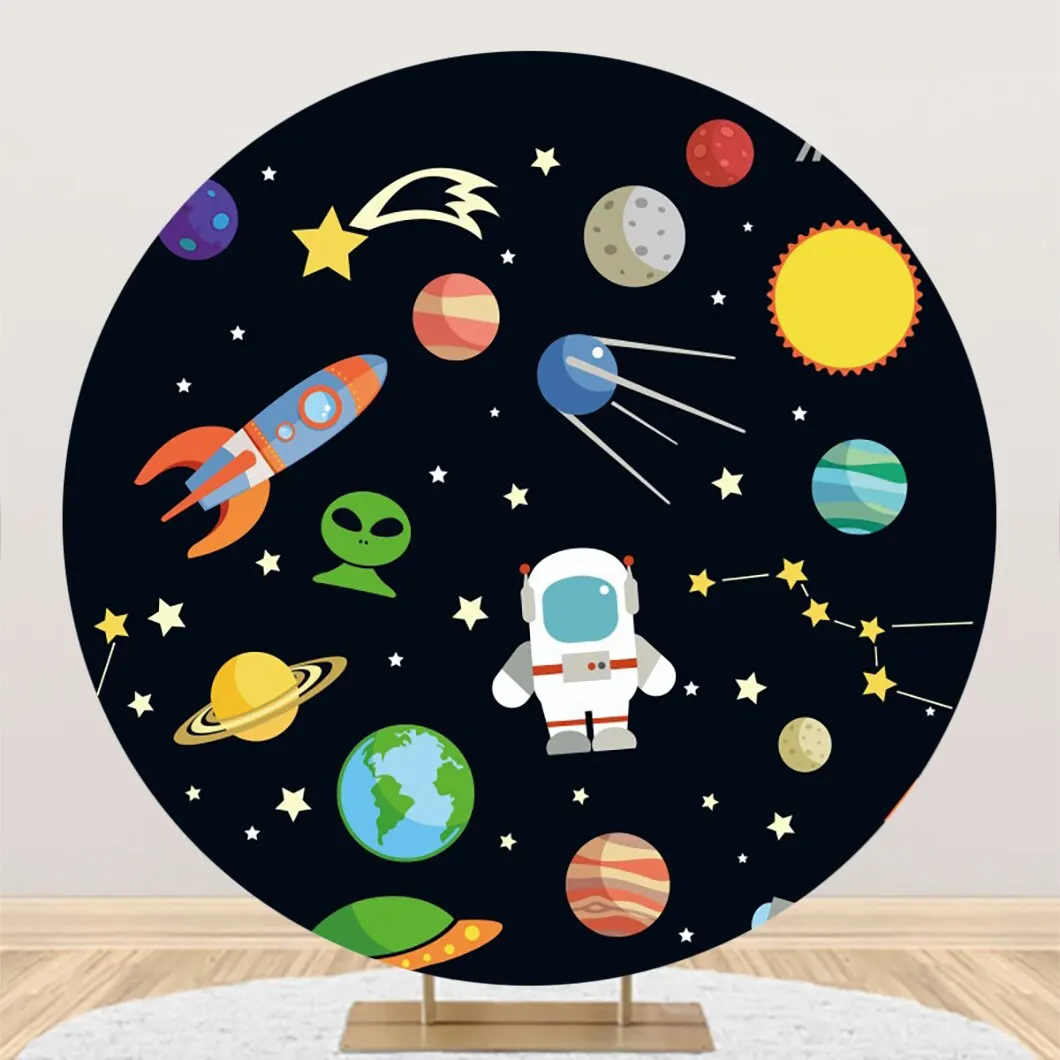 Outer Space Theme Round Backdrop Cover for Baby Happy Birthday Party Planet Galaxy Astronaut Kid Portrait Photography Background