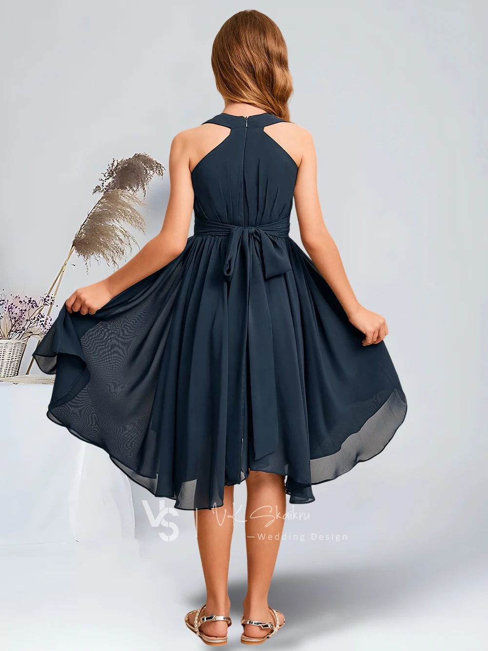 Elegant A-Line V-Neck Asymmetrical Chiffon Junior Bridesmaid Dresses Dark Navy Stunning Flower Girl Dresses Party Wedding Kids