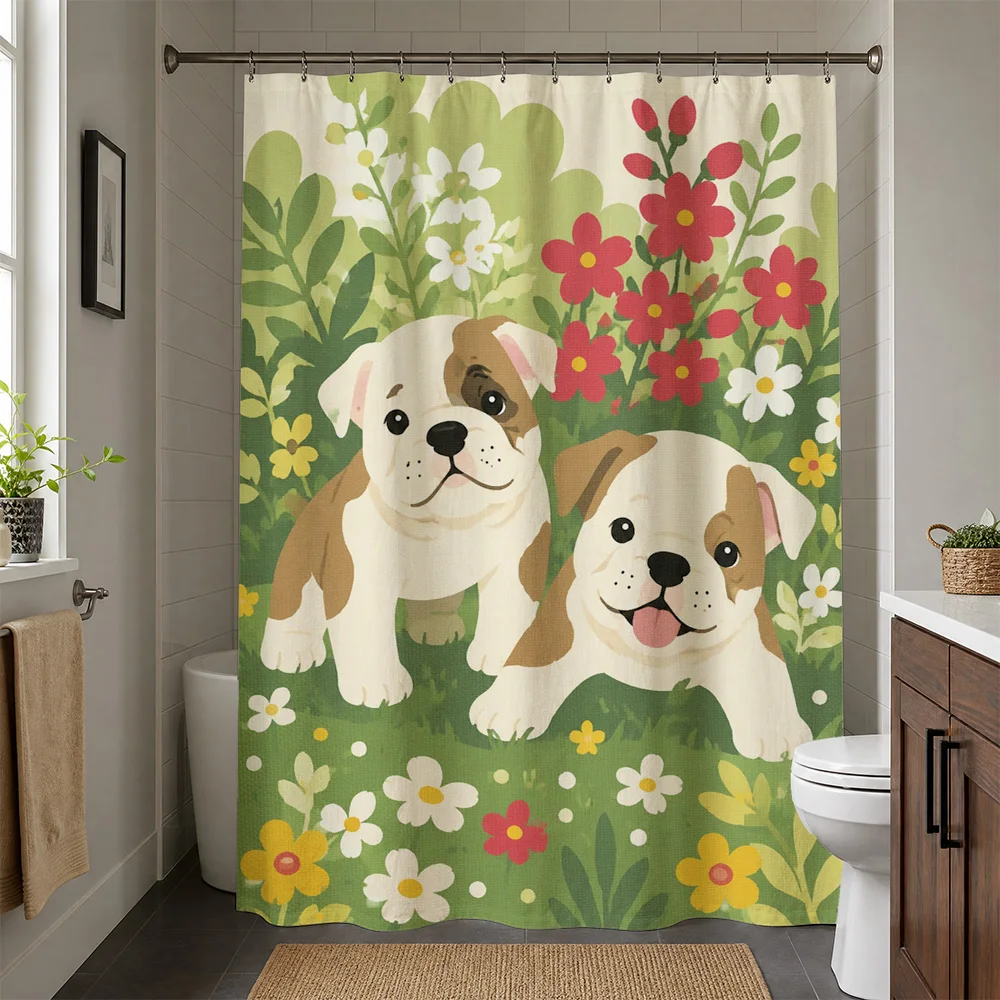 Cute Puppy Dog Shower Curtain Floral Bathroom Decor Cartoon Dog Family Shower Curtain Waterproof Shower Curtain