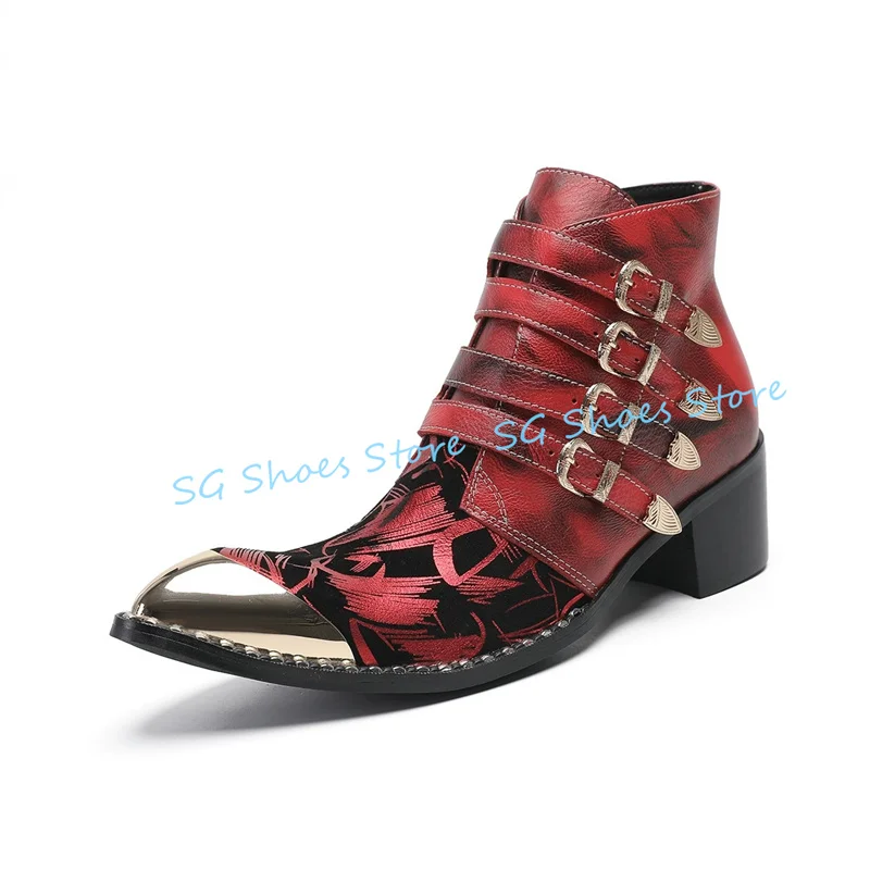 

Punk Belt Buckle Mixed Color High Top Ankle Boots for Men Metal Round Toe Chunky Heel Chelsea Boots Male Party Dress Shoes