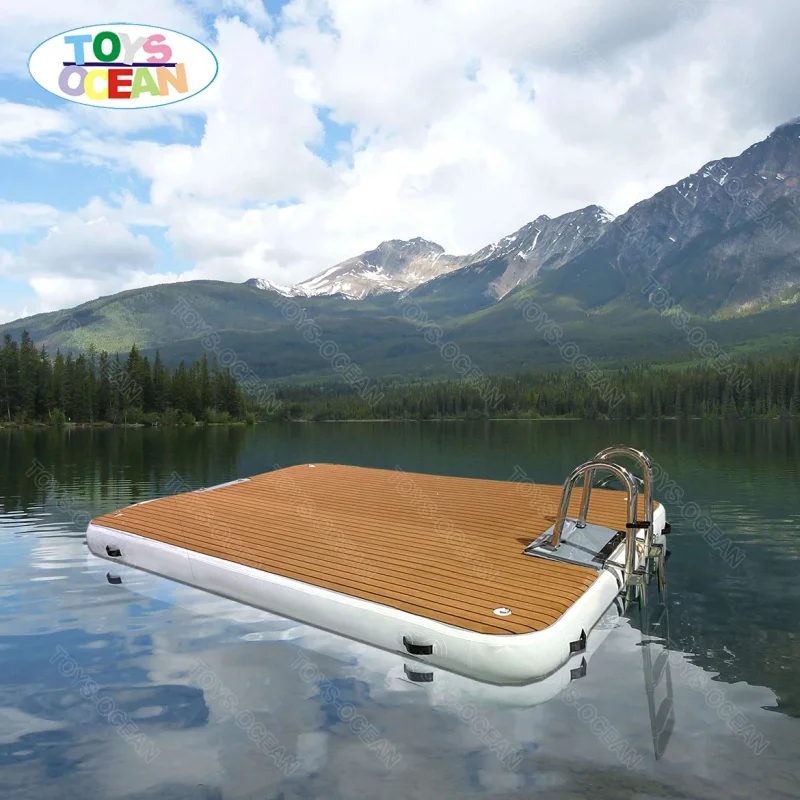 New Teak Drop Stitch Sunbathing Yoga Water Pontoon Platform Inflatable Yacht Island Floating Dock With Ladder