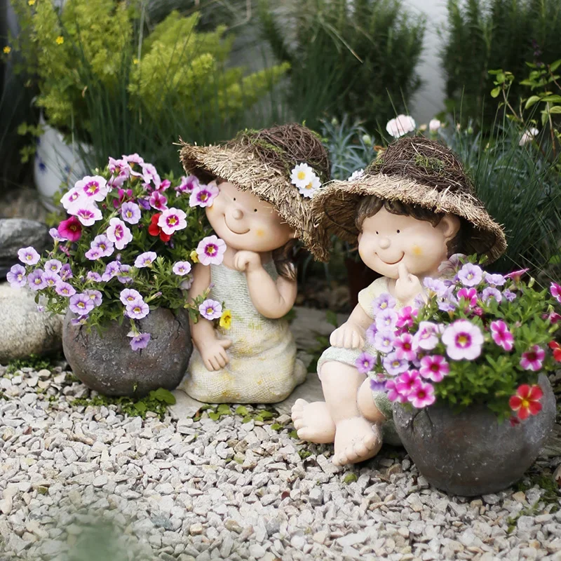 Cute Boys and Girls Ceramic Pot Balcony Terrace Sculpture Decor Homestay Landscaping Ornament Outdoor Decorative Planter