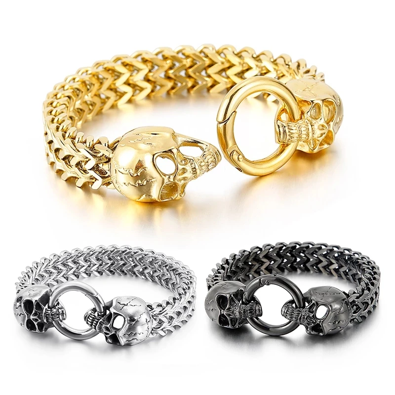 

12mm Gothic Punk Gold Color Double Skull Bracelet Men Women Black Stainless Steel Mesh Biker Charm Skeleton Bangle Jewellery