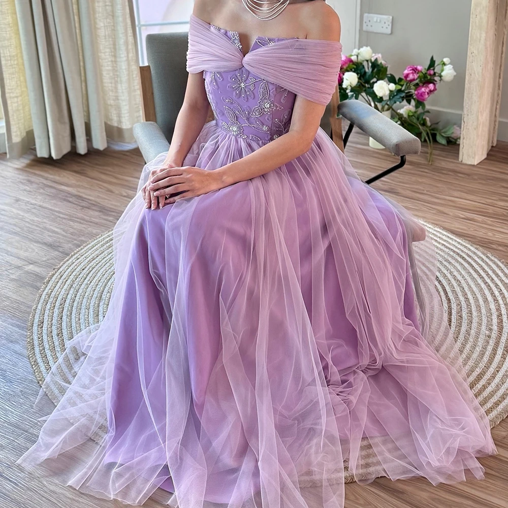 

Customized Strapless Lavender Tulle A-line Formal Evening Dresses Sparkly Sequined Off the Shoulder Floor Length Party Prom Gown