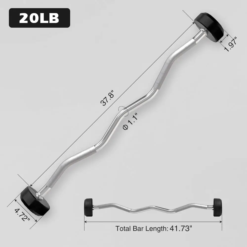 Rubber Coated Fixed Barbell, 20LB Pre-Loaded Weights EZ Curl Solid Steel Barbells, Weighted Bar for Weightlifting Exercise