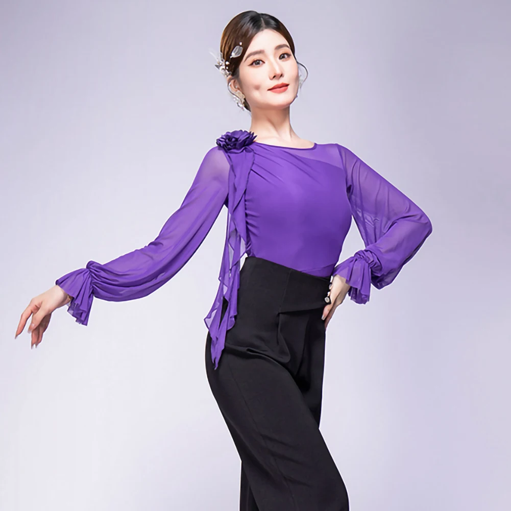 Top latino feminino azul escuro em torno do pescoço tridimensional flor roupas femininas novo vinho vermelho prática samba lanterna manga