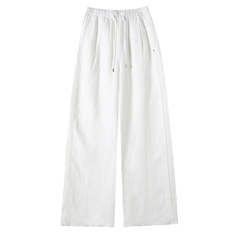 Linen Wide-leg Pants Women's High-waisted Drawstring Drape Lightweight Casual Straight-leg Pants