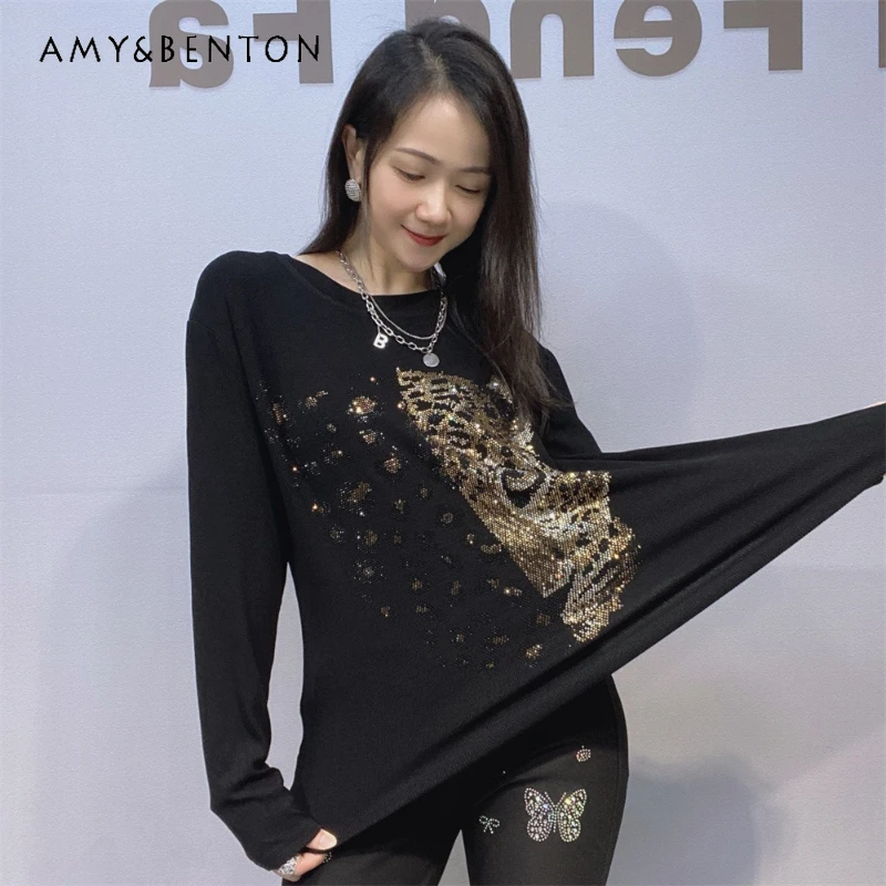 

Retro O-Neck Slim Fit Rhinestone Bottoming Shirt Women's Autumn Wearable Long Sleeves Inner Wear High-End Slimming Black T-shirt