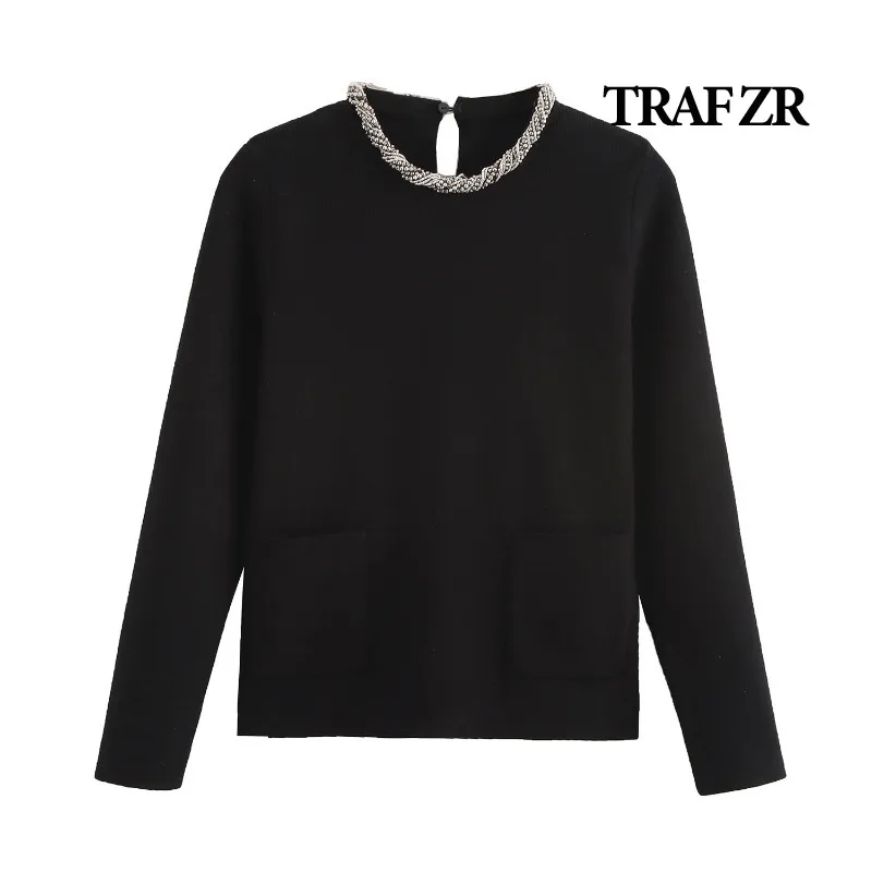 TRAF ZR Beading Pullovers Women's Autumn Sweater Harajuku Vintage Cozy Sweaters Y2k Vintage Top Black O-neck Knit Pullovers