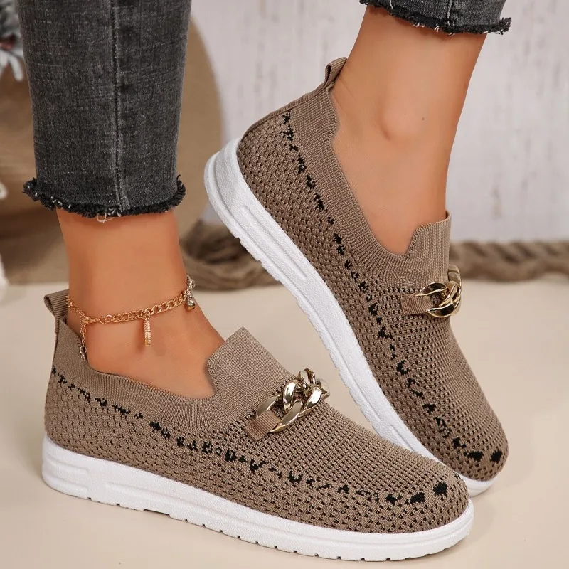 Shoes for Women 2024 New Slip on Women's Vulcanize Shoes Solid Metal Decoration Elastic Fabric Breathable Ladies Casual Shoes