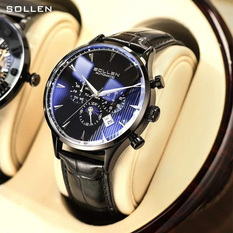 

SOLLEN Brand High-end Mechanical Watch for Men Leather Strap Multifunctional Calendar Week Moon Phase Automatic Watches Mens