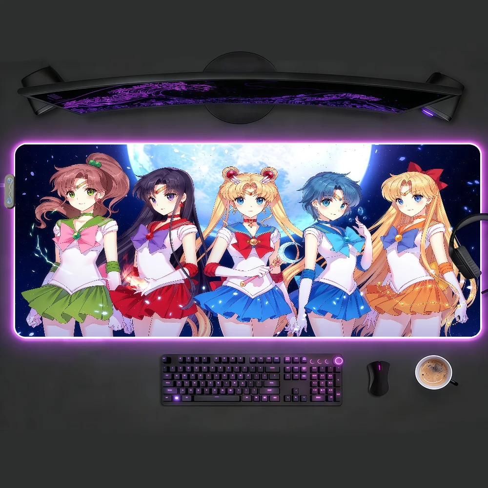 

S-Sailor Moon Anime Mouse Pad RGB Led Gaming Bedroom Office Desk Non-Slip Mat Waterproof Large