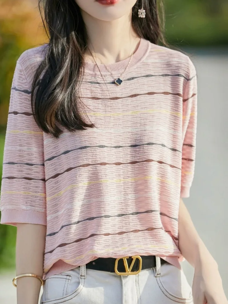 

Oule Women's ort Sve T-irt Slimming Stripes Summer Thin Ice Silk Knitted Top Breathable Cool Feeling Loose Fit