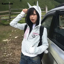 Karrram Japanese Y2k Devil Horns Hooded Jacket Vintage Harajuku Striped Outerwears Trashy 2000s Style Zipper Sweatshirt Lolita