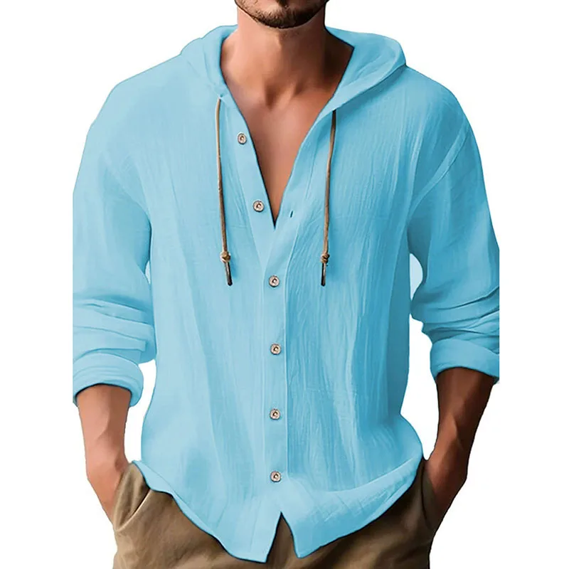 

Мужская тонкая куртка-рубашка на пуговицах из хлопка и льна с капюшоном и шнурком, однотонная, с длинным рукавом, весна-осень 2025