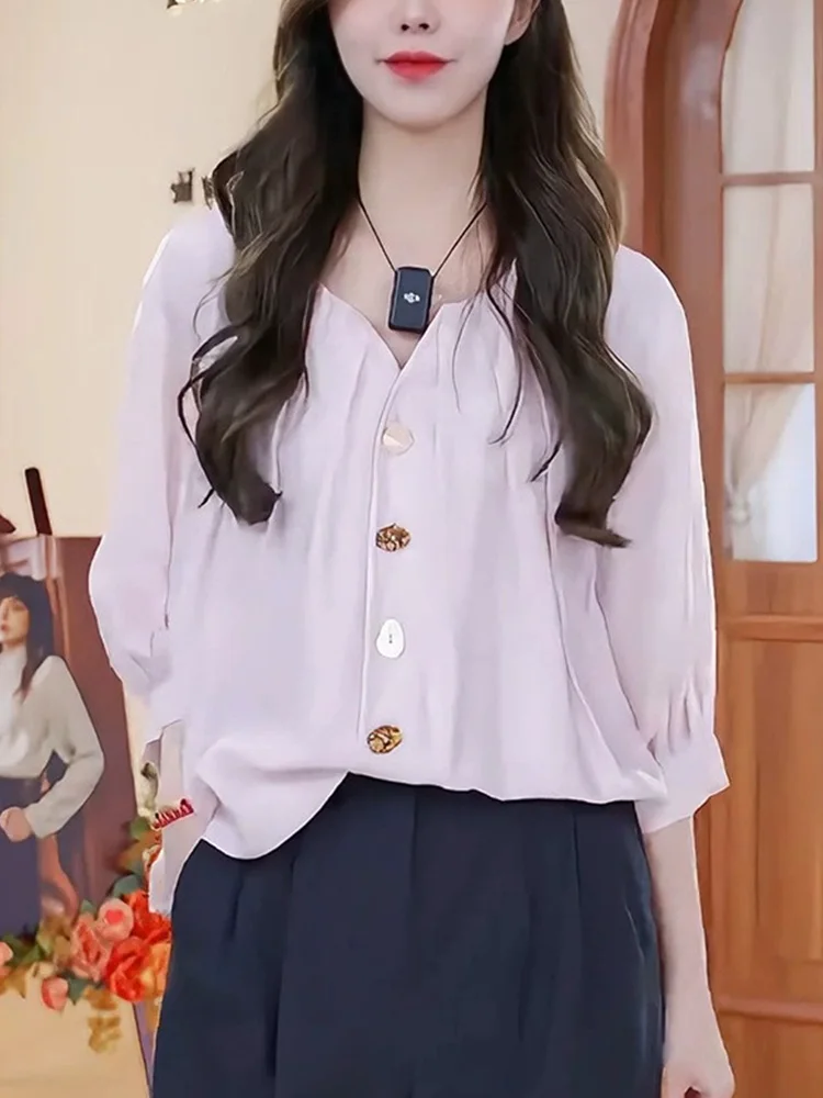 

Casual Chic Summer 2025 Women's Silk Blend Chiffon irt Single Button Versatile Simple Design Korean Sle Commute Straight Cut