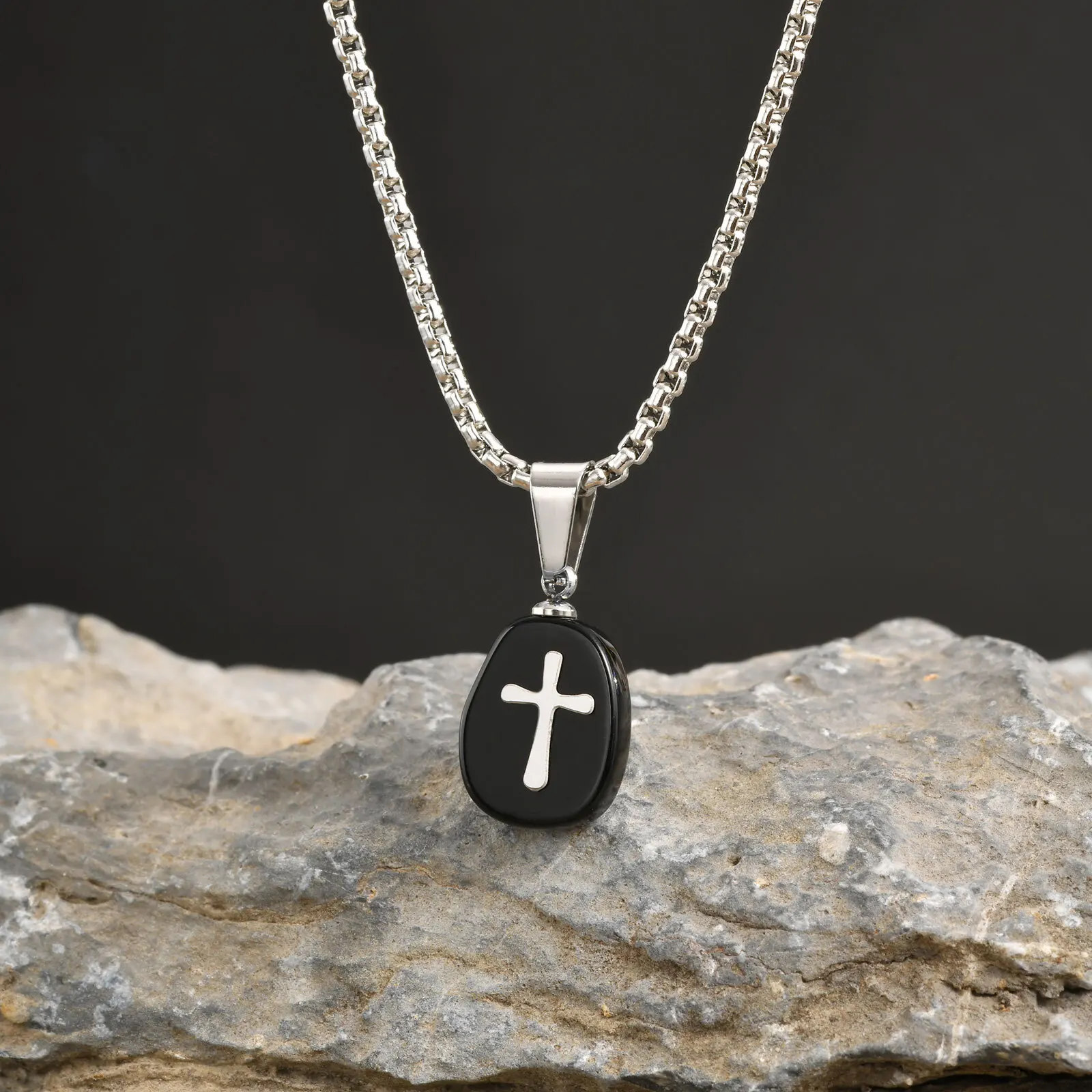 Small Natrual Stone Necklaces for Men Boys,Black Stone Stainless Steel Pendant Necklace,Hip Hop Stylish Jewelry Gifts