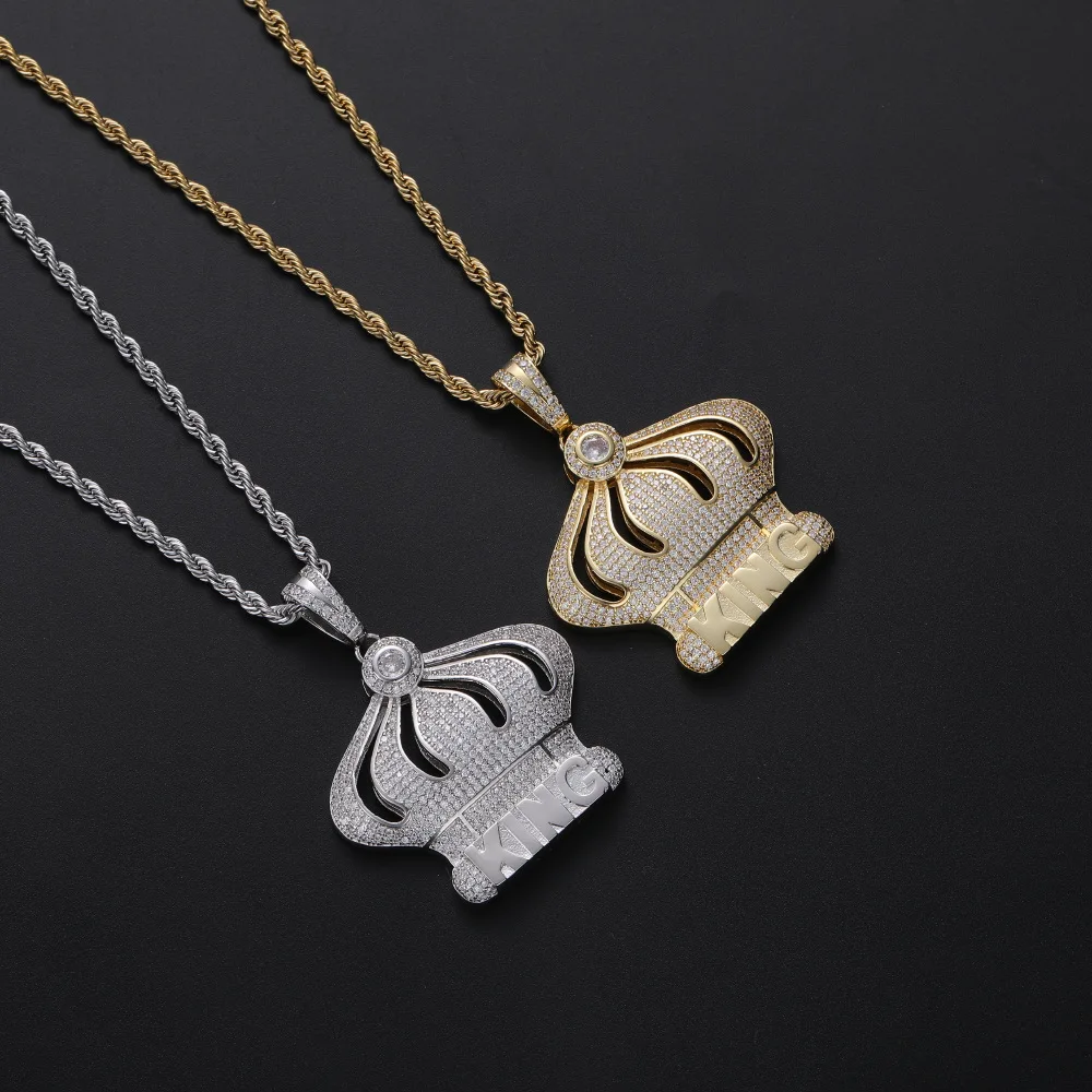 

Крутое мужское ожерелье с подвеской в виде короны KING, ювелирный аксессуар в стиле хип-хоп, рэп, инкрустированный медным цирконом