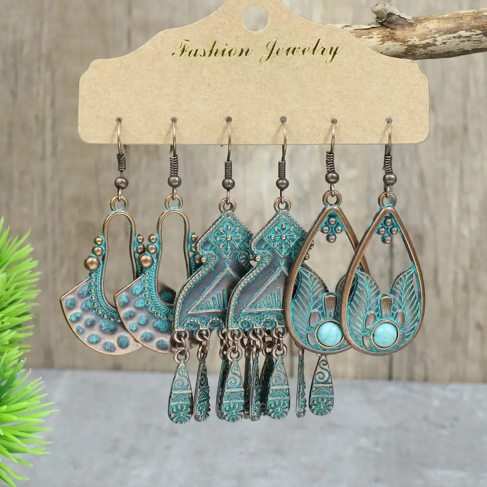 Ethnic Antique Bronze Tassel Earrings Set Jewelry Metal Water Drop Turquoises Dangle Earring for Women Vintage Jewelry Sets 2023