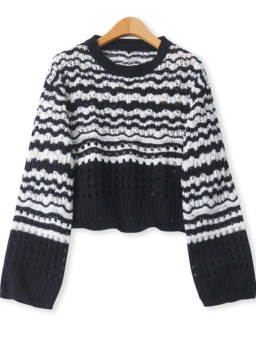 

Faionable Hollow out Striped Knitwear round Ne Long Sve ort Sle Women's Autumn New Arrival Loose Fit Comfortable Top