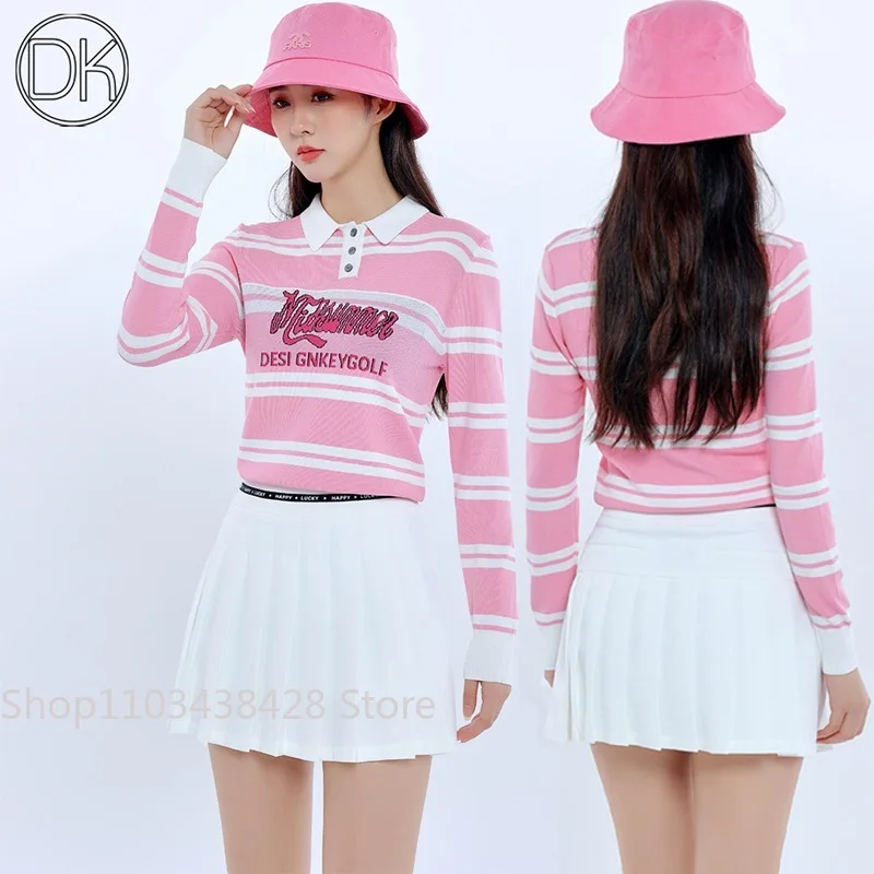 

DK Autumn Winter Golf Clothing girl Pink Stripe Knitwear Sweater Anti-Pilling Top Lady Golf Pleated Skirt High Waist Short Skort