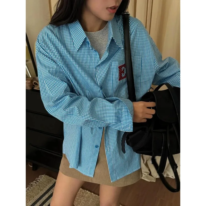 

Women's Korean Retro Plaid Shirt Loose Casual Long Sleeve College Style Blouse