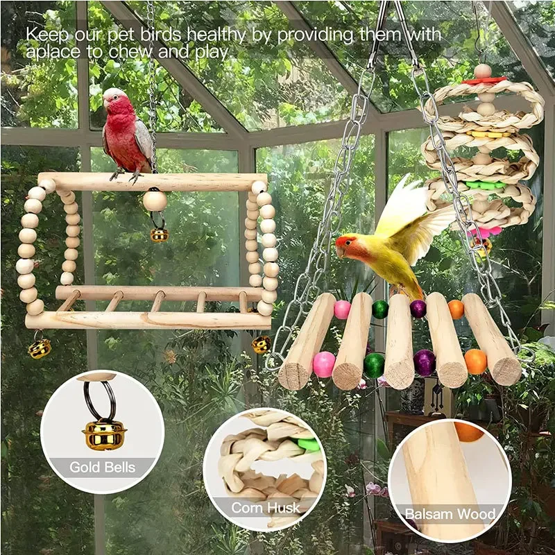 

7PCS Set Combination Parrot Bird Toys Wood Articles Bite Pet Bird Toys For Parrot Training Bird Toy Swing Ball Bell Standi