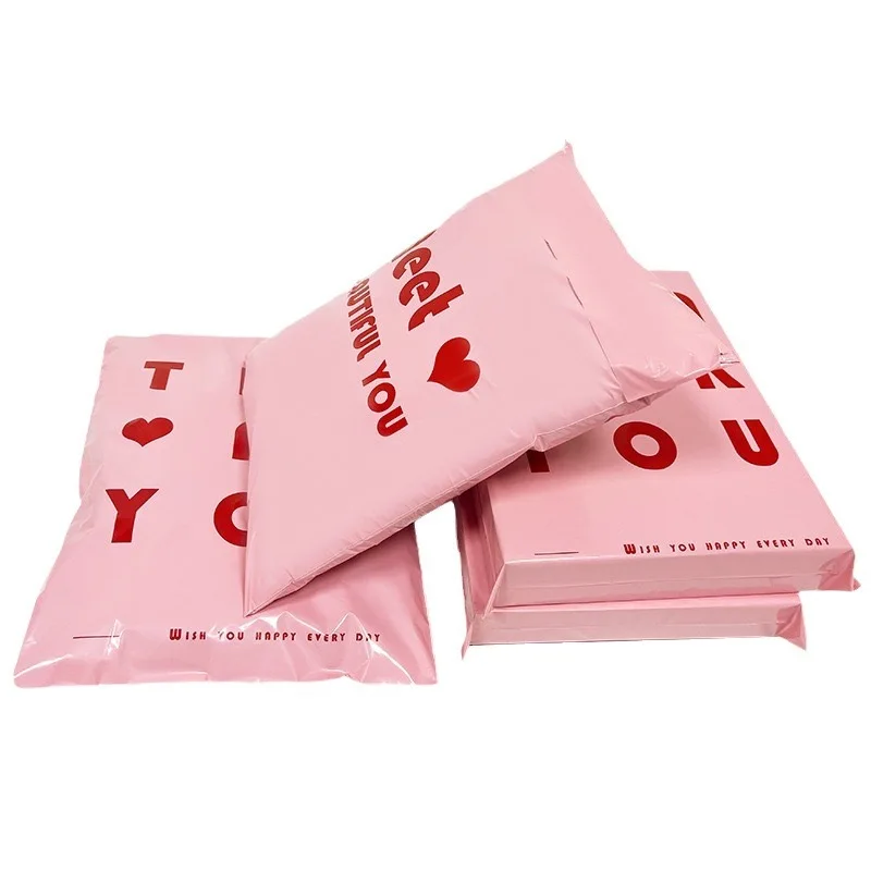 50Pcs/Lot Opaque PE Plastic Express Envelope Storage Bags Pink Bag Red Logo Color Mailing Bags Self Adhesive Seal Courier Bag